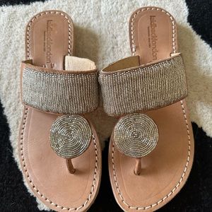 Size 40 (size 9.5) laidbackLondon tan / silver bead thong sandal flip-flops